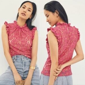 Anthropologie New Dolan Left Coast Pink Ruffled Lace Sleeveless Shirt Size XL